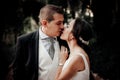 Georgeous wedding couple in love looks one-on-one