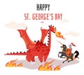 Georges day. Cartoon tradition happy saint george s green card with dragon and medieval tale legend knight vector