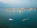 Aerial view ferry meet cruise near Penang sea at night.