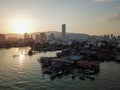 Aerial view wooden stilt house at sea