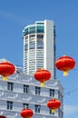 Red lantern decorated with KOMTAR building. Royalty Free Stock Photo