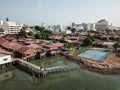 Drone view basketball field near clan jetty.