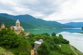 Georgia Ananuri Monastery. Large reservoir. Lake in the pea. Selective focus