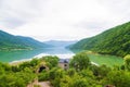 Georgia Ananuri Monastery. Large reservoir. Lake in the pea. Selective focus