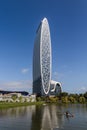 New skyscraper Marriott hotel in Batumi. Kayaker on Lake Nurigel with the Alliance Privilege complex in the background.