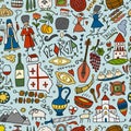 Georgia Country. Travel Background. Collection of design elements - food, places and dancing people. Seamless pattern Royalty Free Stock Photo