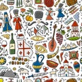 Georgia Country. Travel Background. Collection of design elements - food, places and dancing people. Seamless pattern Royalty Free Stock Photo