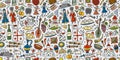 Georgia Country. Travel Background. Collection of design elements - food, places and dancing people. Seamless pattern Royalty Free Stock Photo