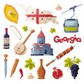 Georgia Cultural Symbol and Country Attribute with Map and Church Vector Set