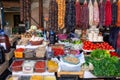 Georgia, the local bazaar. Sale of national sweets from grapes and nuts - `Churchkhela`, fresh and dried fruits and vegetables