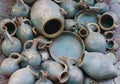 Georgia. Many blue clay ceramic pots in Kindzmarauli vineryard