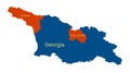 Georgia map. Detailed blue silhouette. Regions of South Ossetia and Abkhazia uncontrolled by the government are shown in red. All