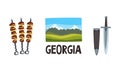 Georgia National Symbols with Dagger, Shashlik and Mountain View Vector Set