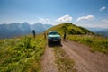 Georgia, Racha - August 13, 2015: A group of travelers enjoys the amazing view of the mountains