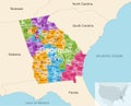 Georgia state counties colored by congressional districts vector map with neighbouring states and terrotories