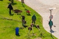 Georgia, Tbilisi - April 15, 2021: Gardeners plant seedlings in the city park