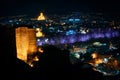 Georgia, Tbilisi - 05.02.2019. - Night view from Narikala fortress. Abanotubani, sulfur baths and holy trinity Sameba church in Royalty Free Stock Photo