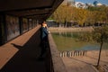 Georgia, Tbilisi - October 29, 2020: The tourist girl enjoys the view of the city