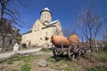 Georgia - Tbilisi - St Nicolas church and old rustic cart with c