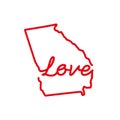 Georgia US state red outline map with the handwritten LOVE word. Vector illustration Royalty Free Stock Photo