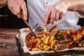 Georgian cuisine. A large laid table of different dishes for the whole family on a day off. Kebab, Lula, Lavash, Suluguni cheese Royalty Free Stock Photo