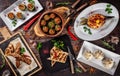 Georgian cuisine. A large laid table of different dishes for the whole family on a day off. Kebab, Lula, Lavash, Suluguni cheese Royalty Free Stock Photo