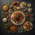 Georgian cuisine. Traditional assorted Georgian dishes. Top view, flat lay. generative ai