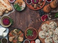 Georgian cuisine on wood table,top view,copy space