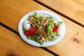 Georgian dish - vegetable salad with boiled eggs and tomatoes. View from above.