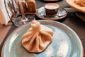 dumplings Khinkali on a plate in restaurant