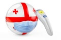 Georgian flag with medical mask and infrared electronic thermometer. Pandemic in Georgia concept, 3D rendering