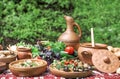 Georgian food appetizer Vegetables herbs Dinner table Royalty Free Stock Photo