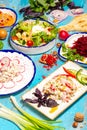 Georgian food dishes with herbs, meat, chopped vegetables and spices on many 5 white plates, on a blue sea background