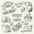 Georgian Food Hand Drawn. Georgia Traditional Cuisine with Dumpling and Khinkali Royalty Free Stock Photo