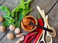 Georgian home adjika sauce of hot red pepper, basil, walnuts, garlic, fenugreek, fennel seeds, coriander and black pepper