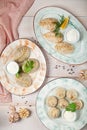 Georgian homemade food called khinkali and manti on plates Royalty Free Stock Photo