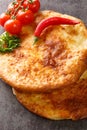 Georgian khachapuri mingrelian with sulguni cheese close up. Vertical top view