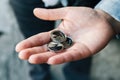 Georgian lari coins in female hand. Royalty Free Stock Photo