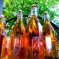 Georgian natural white wine bottled in glass bottles. Blure effect
