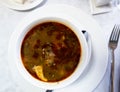 Georgian spicy soup kharcho with mutton, rice, vegetables