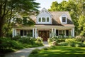 Georgian style family house exterior with roof tiles and dormer windows. Beautiful landscaped front yard with trimmed lawn and