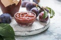 Georgian tkemali sauce with ingredients on rustic table Royalty Free Stock Photo