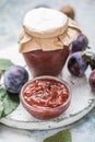 Georgian tkemali sauce with ingredients on rustic table Royalty Free Stock Photo