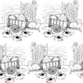 Georgian traditional vineyard with kvevri. Countriside panorama on a background. Black and white sketch style seamless pattern