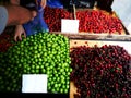 Georgian wide range of colourful traditional food on sale in small street market shop - closeup on colourful fruit Royalty Free Stock Photo