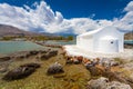 Georgioupolis , Island Crete, Greece - June 26, 2016: Saint Nicholas Church with the amazing white chapel is located in the sea o