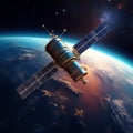 Geostationary orbit satellite above the Earth, 3D render Royalty Free Stock Photo