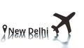 New Delhi text with city geotag and airplane icon. Arrival concept