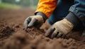Geotechnical engineer hands wearing protective gloves touching soil. Engineer inspects construction site ground, performs soil Royalty Free Stock Photo