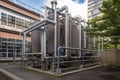 geothermal energy system, with heat exchanger and piping delivering heat to nearby building